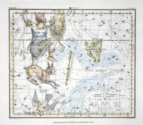 Les Constellations (Planche XXIV) Fluvius Eridanus, Orion; Lepus, Columba Noachi, Cela Sculptoris, Psalterium Georgii, Horologium, Equuleus Pictorius, Brandenbergium Sceptrum, de 